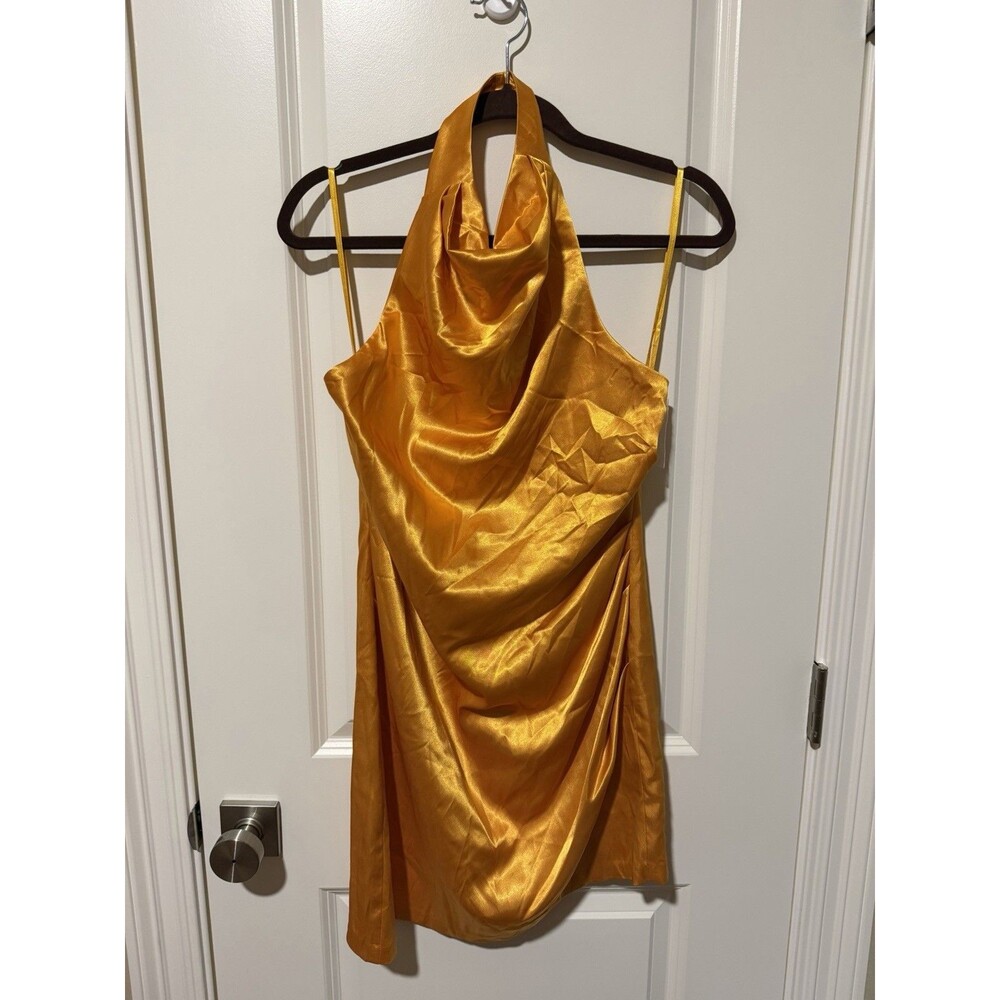 GB Gianni Bini Gold Satin Halter Mini Dress Size 11 Draped Cowl Neck Cocktail